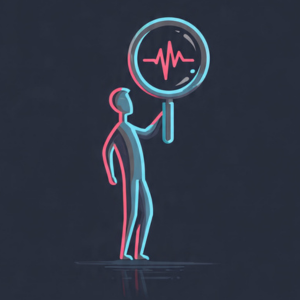 Icon showing magnifying glass over male silhouette with heartbeat line representing early detection