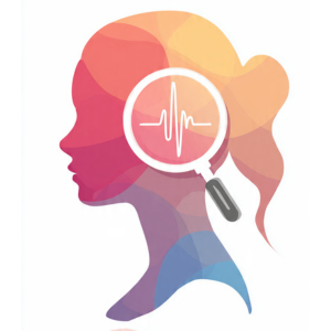 Icon showing magnifying glass over female silhouette with heartbeat line representing early detection