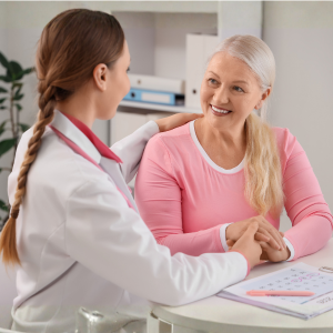 Woman discussing menopause and hormonal health with doctor