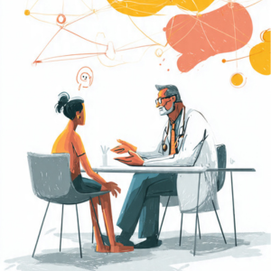 Icon representing personalized pain management care with patient-centered interaction illustration