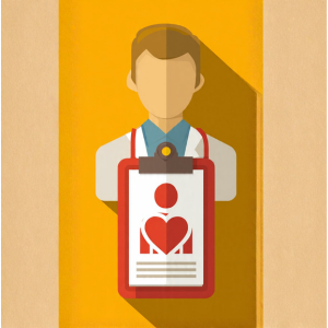 Icon showing doctor holding clipboard with male patient silhouette inside heart representing personalized care